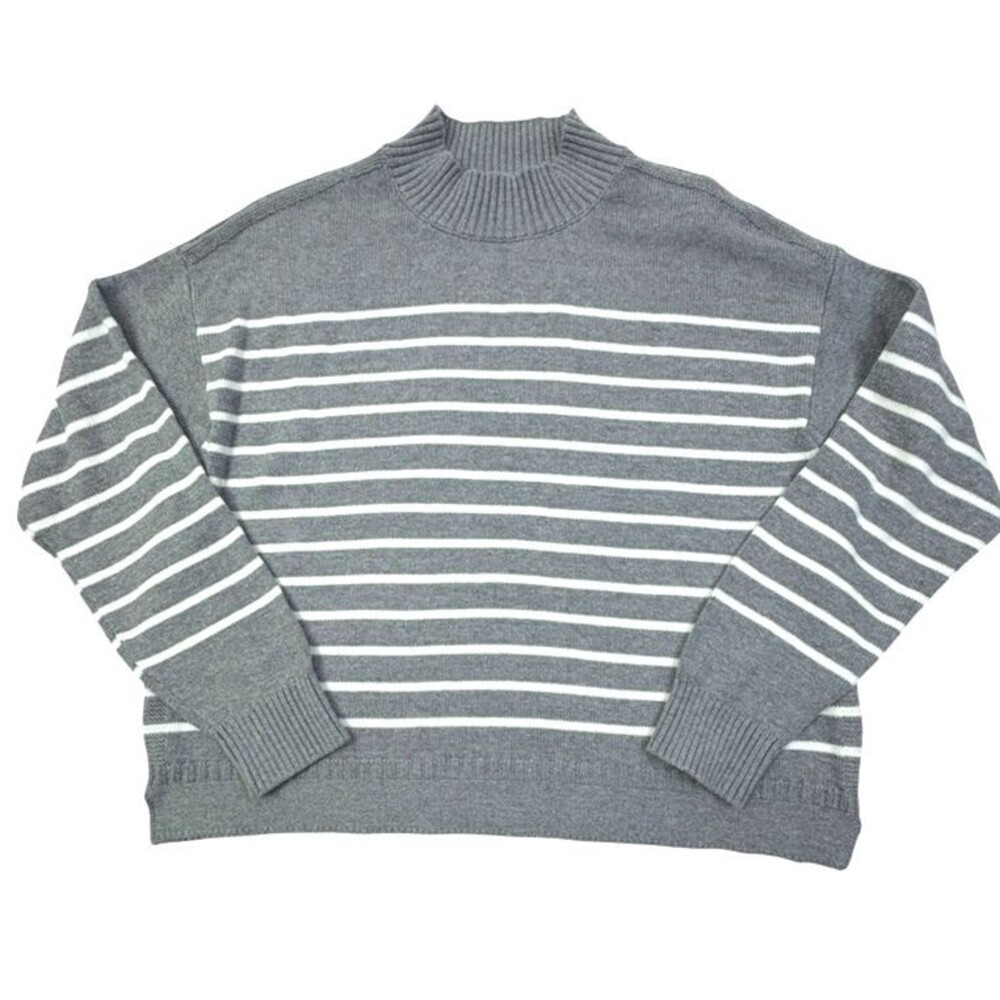 Nautica Jeans Gray White Breton Stripe Mock Neck Sweater Medium